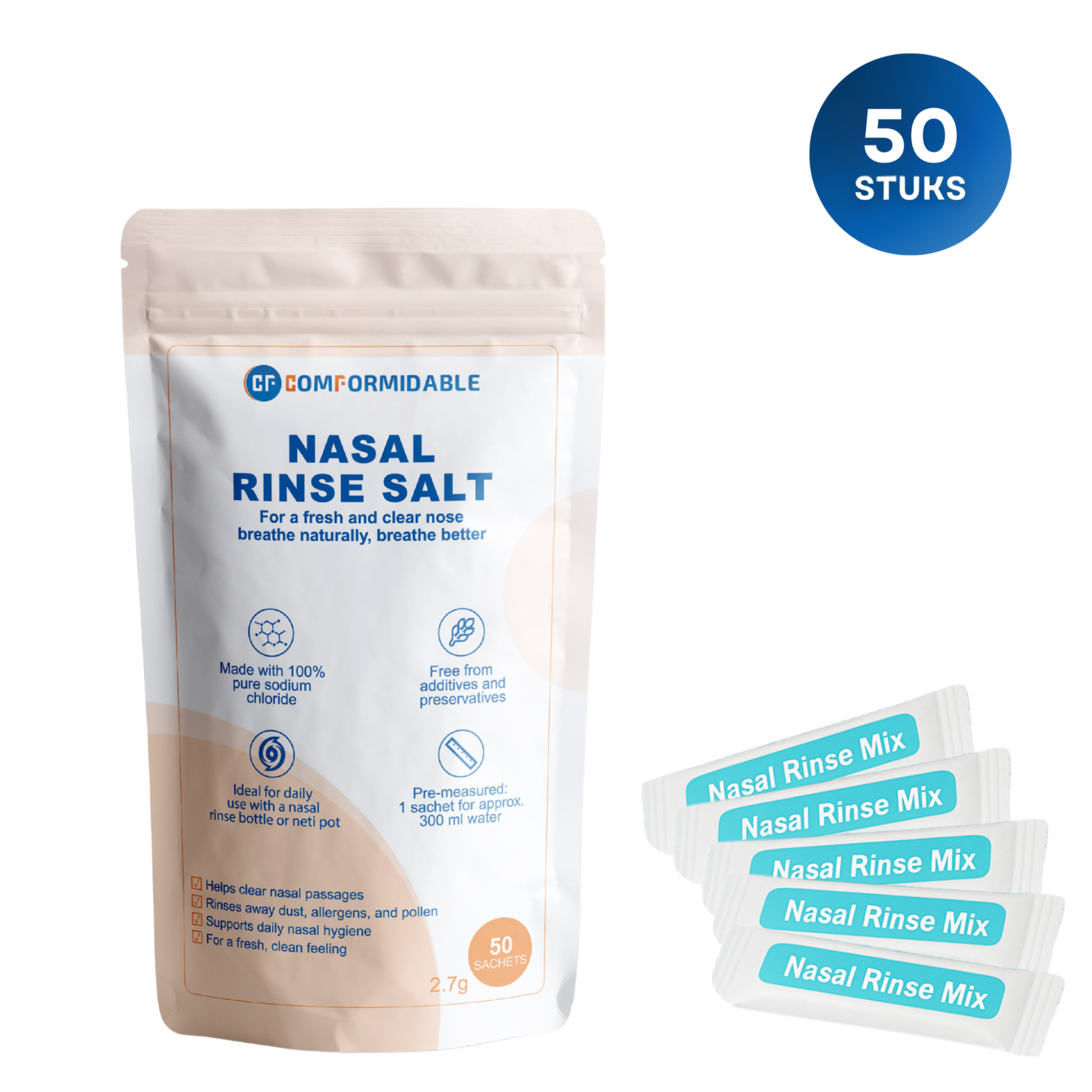 De hoofdafbeelding van Comformidable nasaal spoelzout 50 stuks. Hierop is een wit-oranje-blauwe zak te zien met de tekst: Nasal rinse salt.