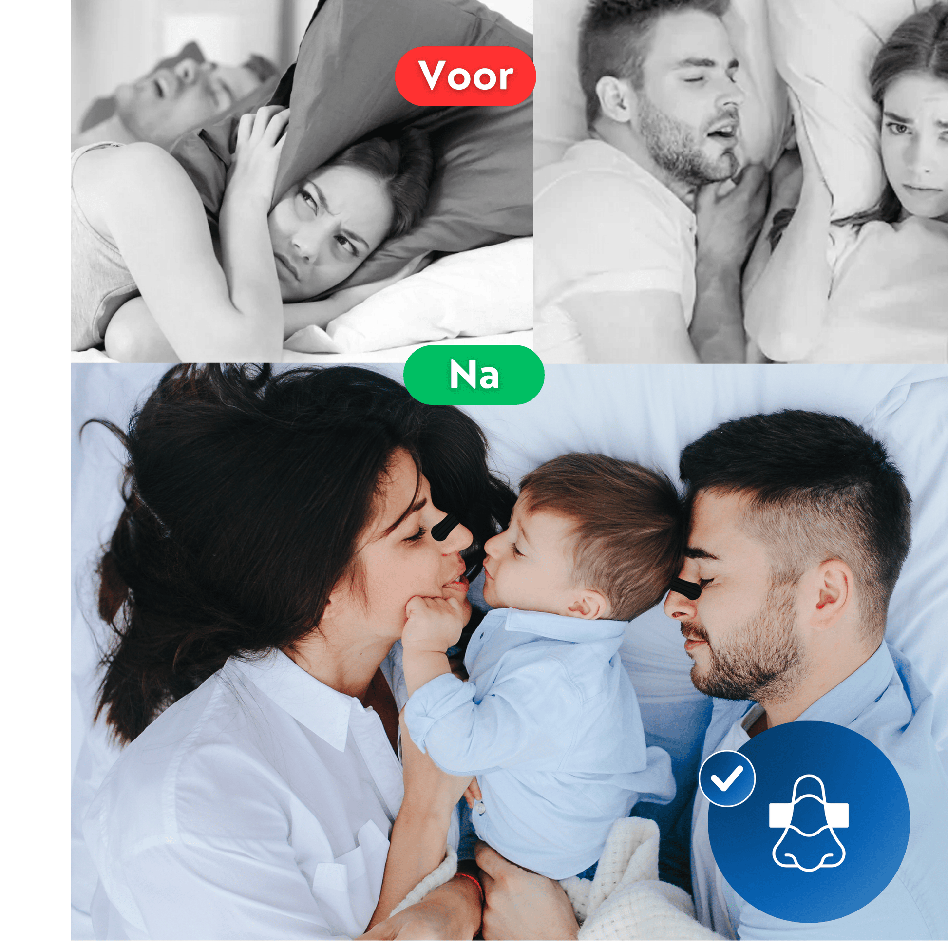 een voor en na afbeelding van slapen met de neusstrip op en zonder de neusstrip.