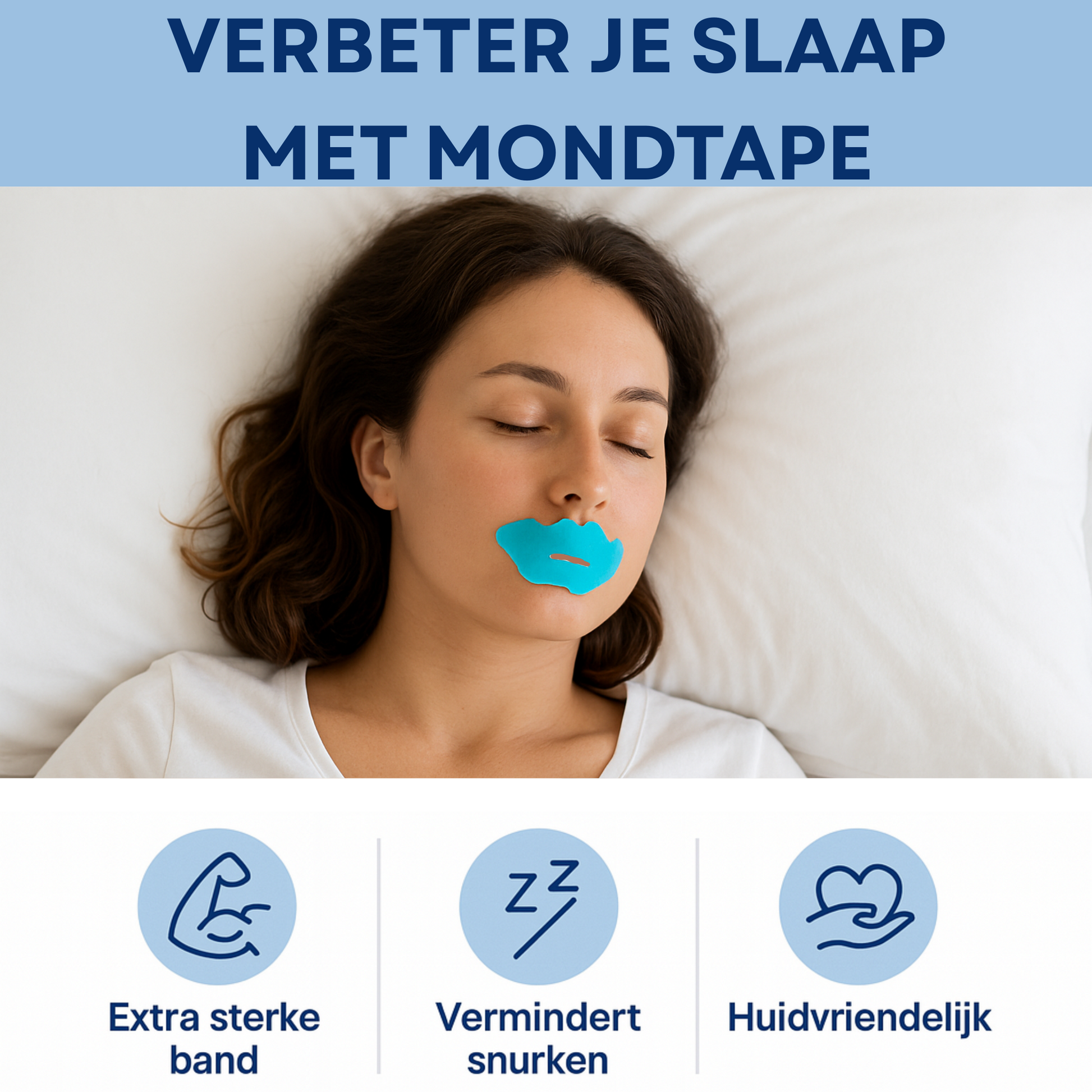 een afbeelding waar je vrouw de mondtape van comformidable draagt tijdens het slapen. Verbeter je slaap met mondtape staat boven aan de afbeelding