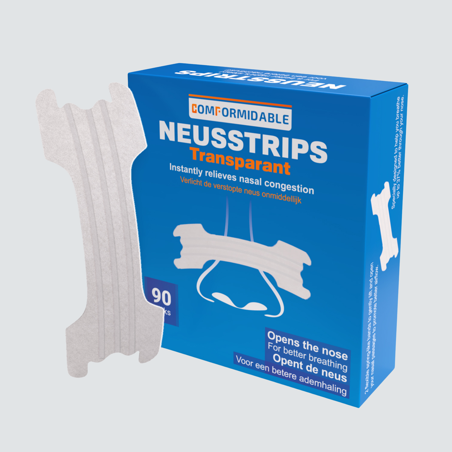 Blauwe Comformidable verpakking van transparante neusstrips (90stuks). voor de verlichting van een verstopte neus