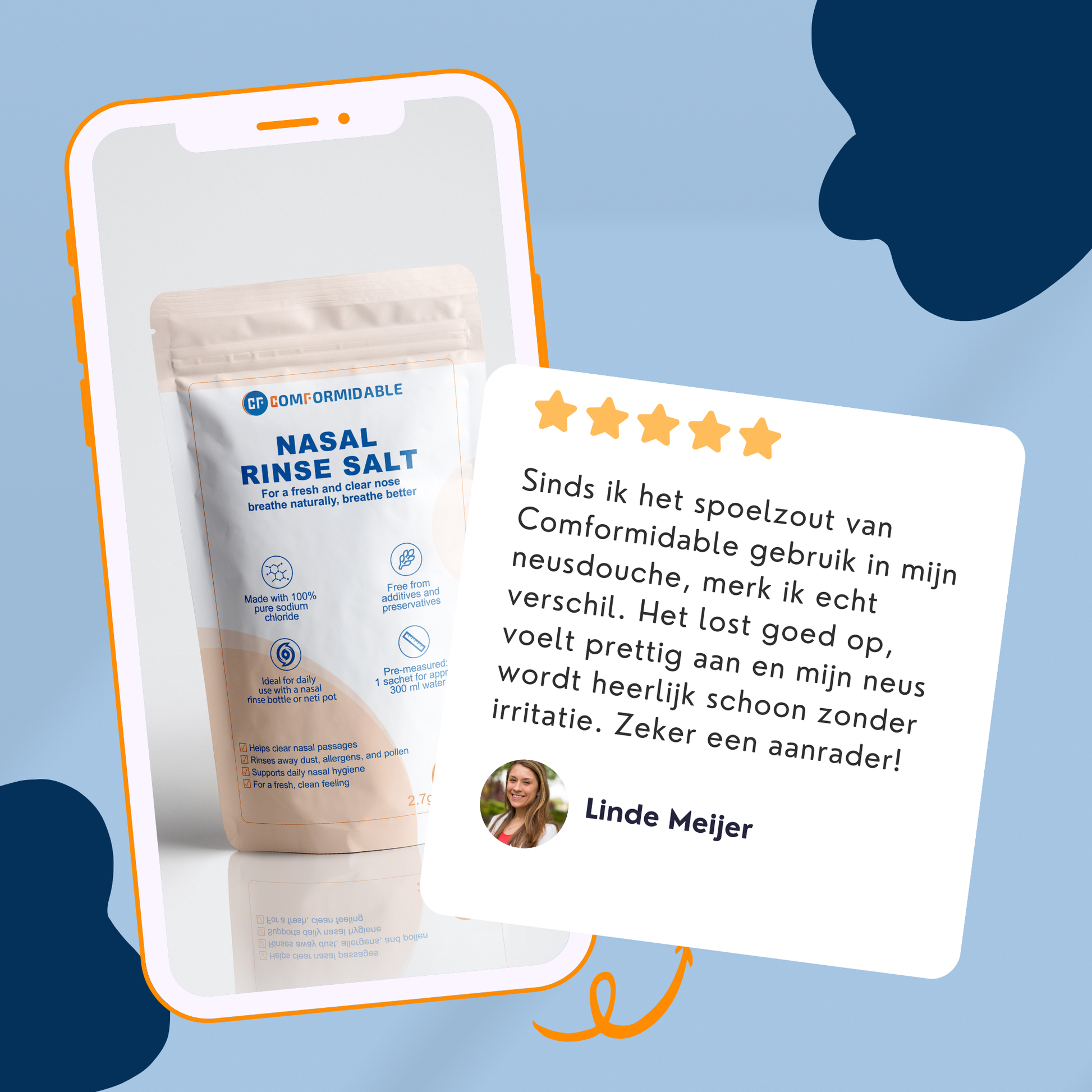 een positieve review over het spoelzout en het positieve effect hiervan