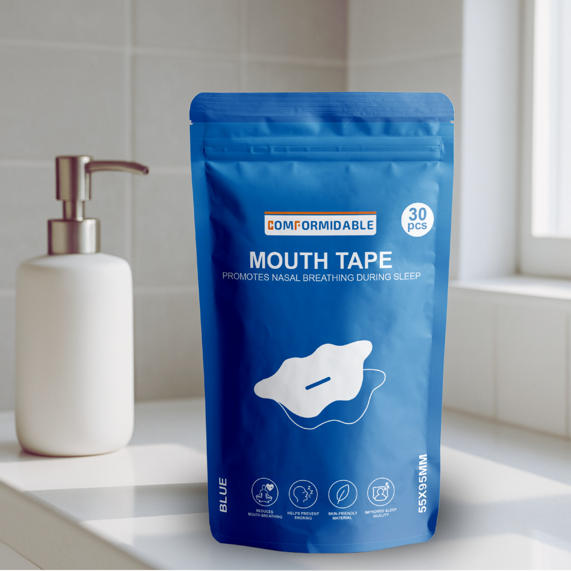 sfeerafbeelding van een blauw zakje met Comformidable mondtape 30 stuks dat staat op een gootsteen.