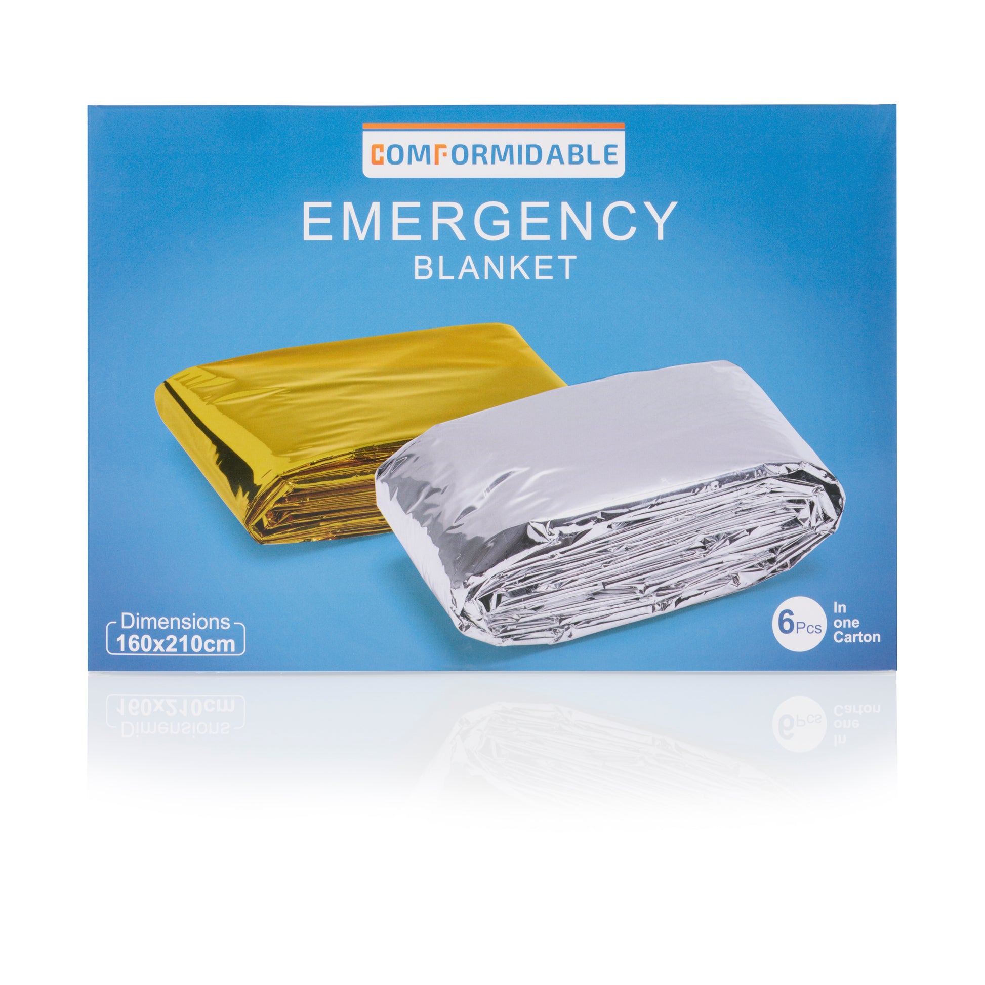 Productverpakking van een set nooddekens van het merk comformidable, met een afbeelding van een gouden en een zilveren deken