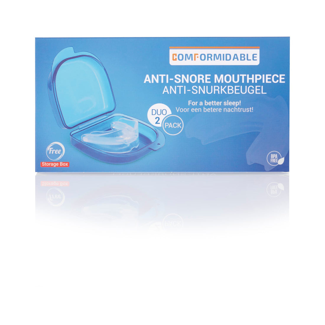 Verpakking van de anti-snurkbeugel duo set van Comformidable, met een afbeelding van een transparante snurkbeugel in een blauw opbergdoosje op de voorkant.