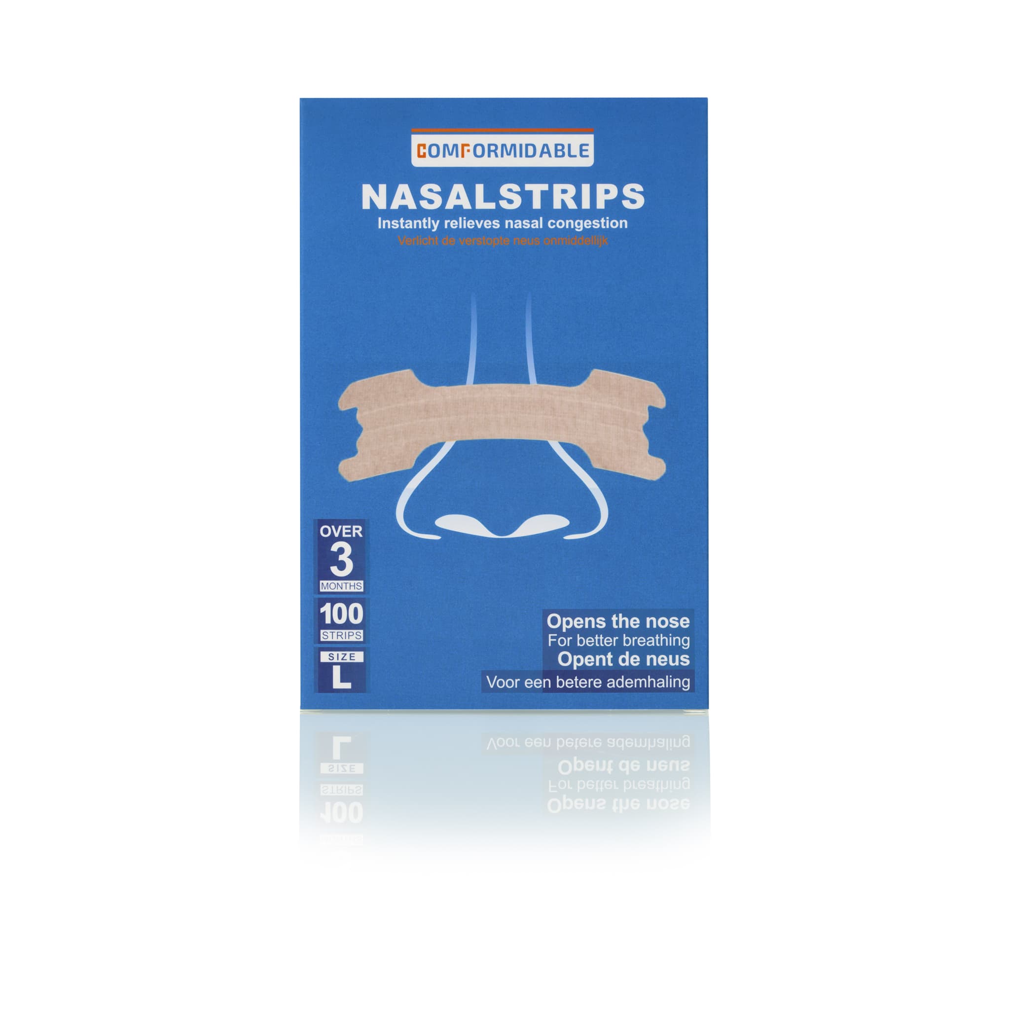 Vooraanzicht van een verpakking met 100 huidkleurige anti-snurkpleisters in maat L voor een betere ademhaling tijdens de nacht