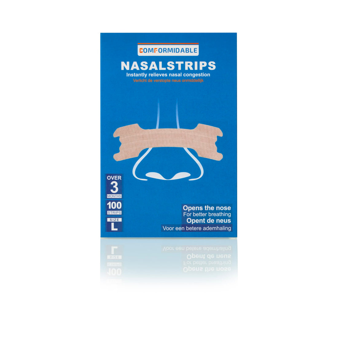 Vooraanzicht van een verpakking met 100 huidkleurige anti-snurkpleisters in maat L voor een betere ademhaling tijdens de nacht