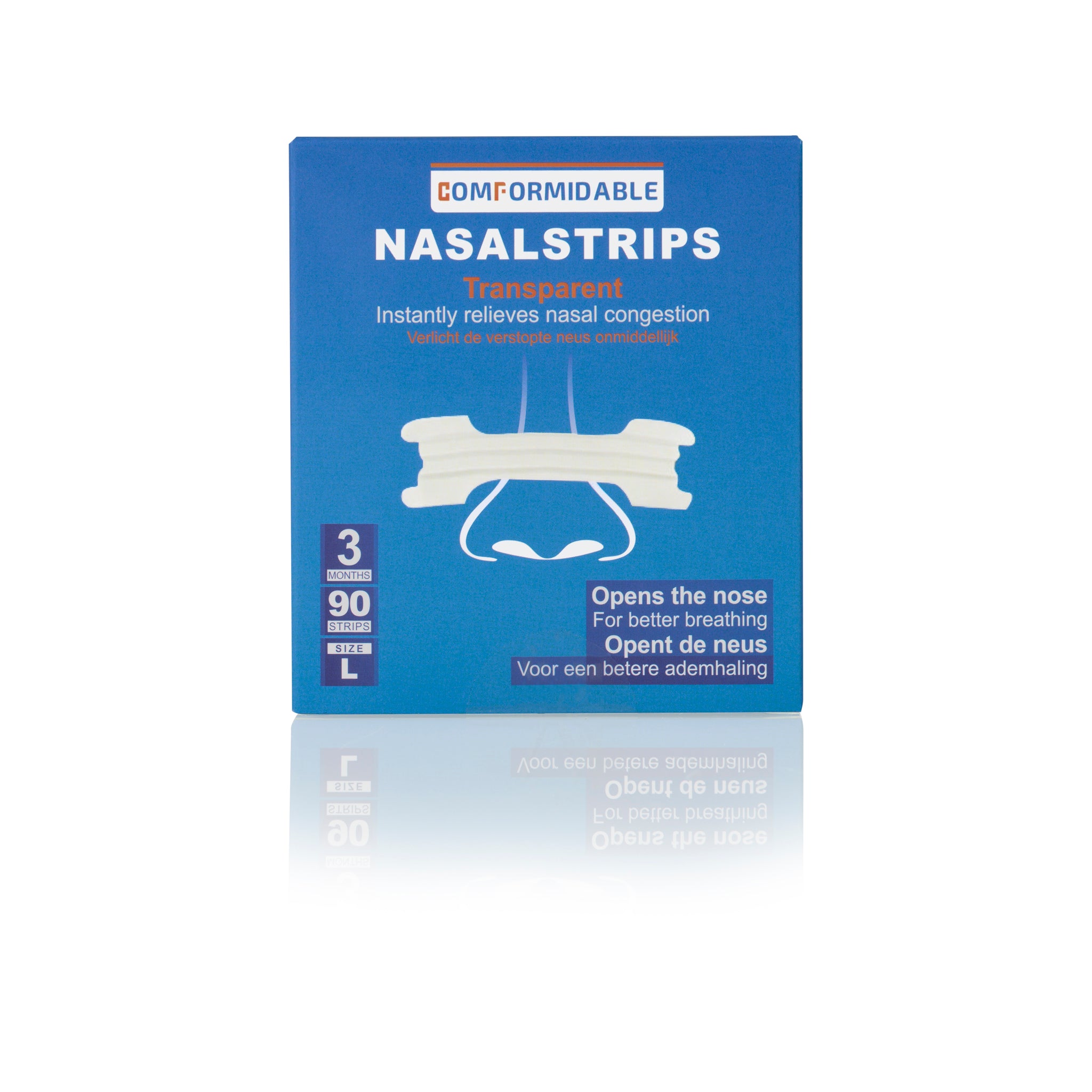 Blauwe comformidable neuspleister productverpakking met illustratie van een transparante neusstrip op een neus, inclusief informatie over inhoud.