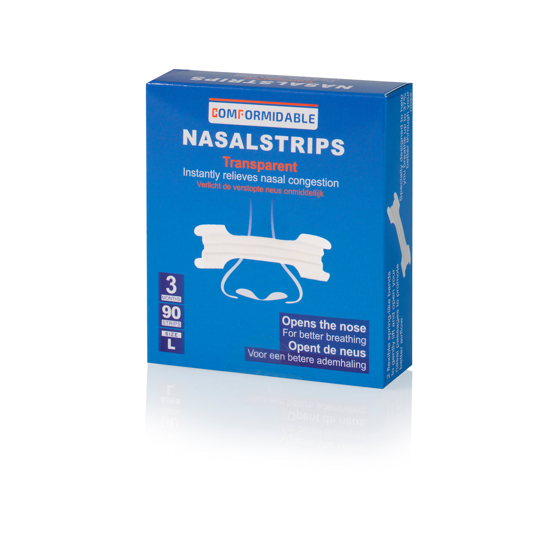 Blauwe comformidable neuspleister productverpakking met illustratie van een transparante neusstrip op een neus, inclusief informatie over inhoud.
