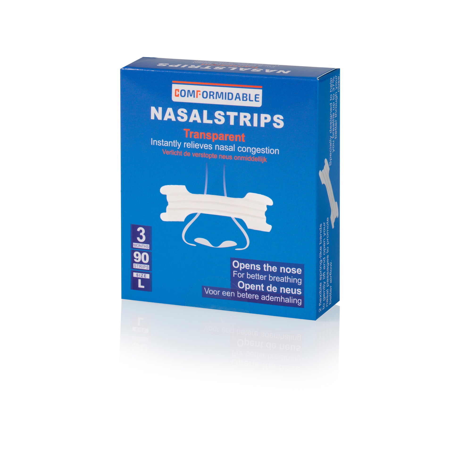 Schuin aanzicht van een blauwe doos met transparante neusstrips, voorzien van illustratieve afbeelding en productdetails.