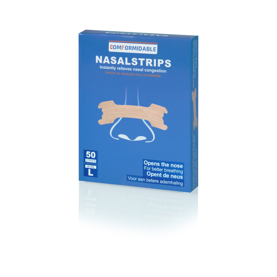 Vooraanzicht van een blauwe verpakking met 50 neusstrips maat L, benadrukt de werking voor het openen van de neus en verbetering van de ademhaling.