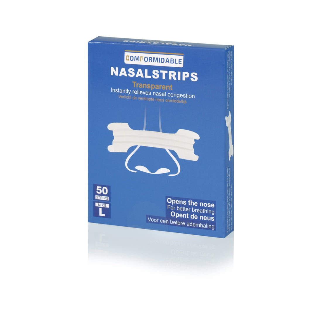 Verpakking van 50 transparante neusstrips maat L, met afbeelding van een neus en strip op de voorkant