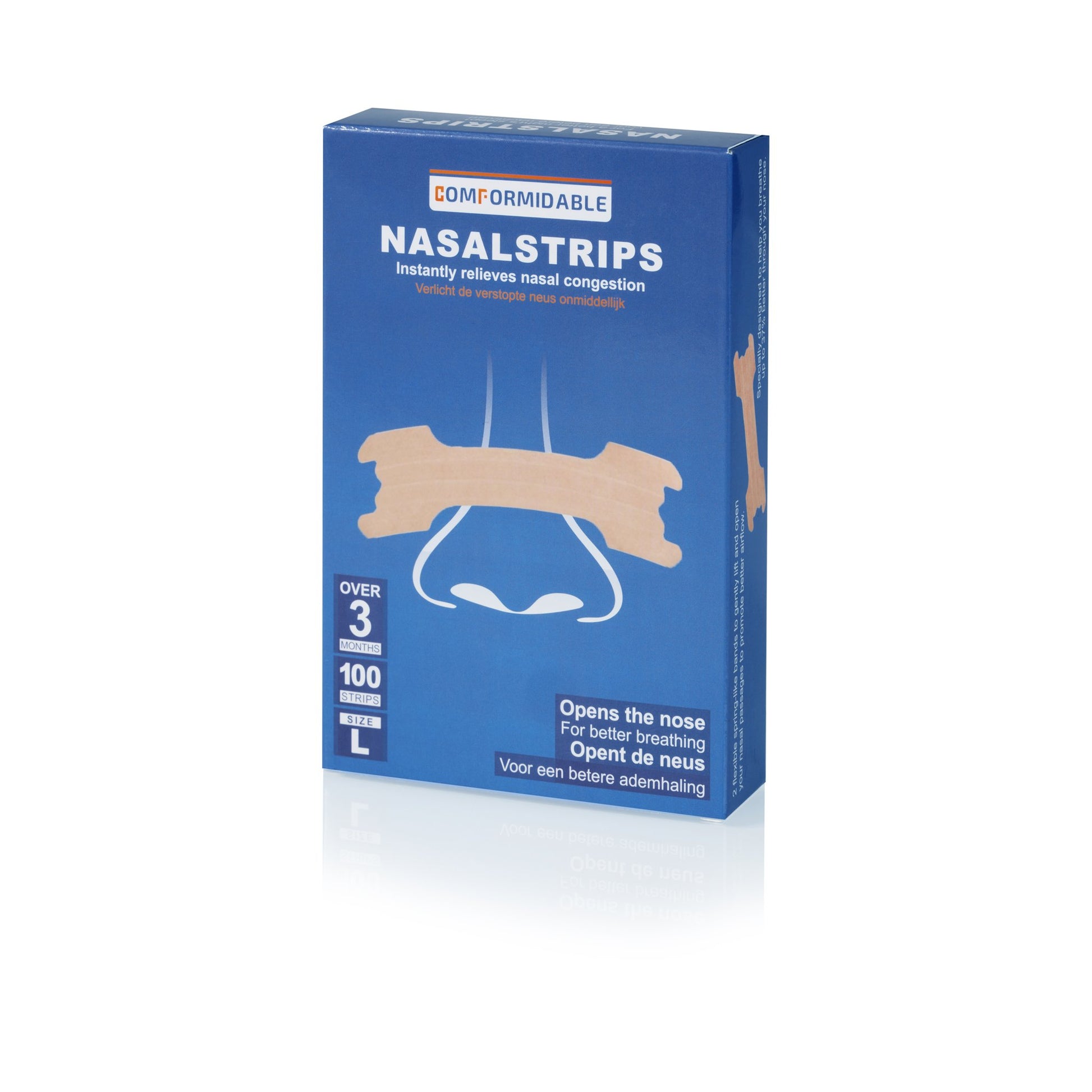Schuine aanzicht van een blauwe verpakking met 100 anti-snurkpleisters in maat L voor verbeterde luchtstroom