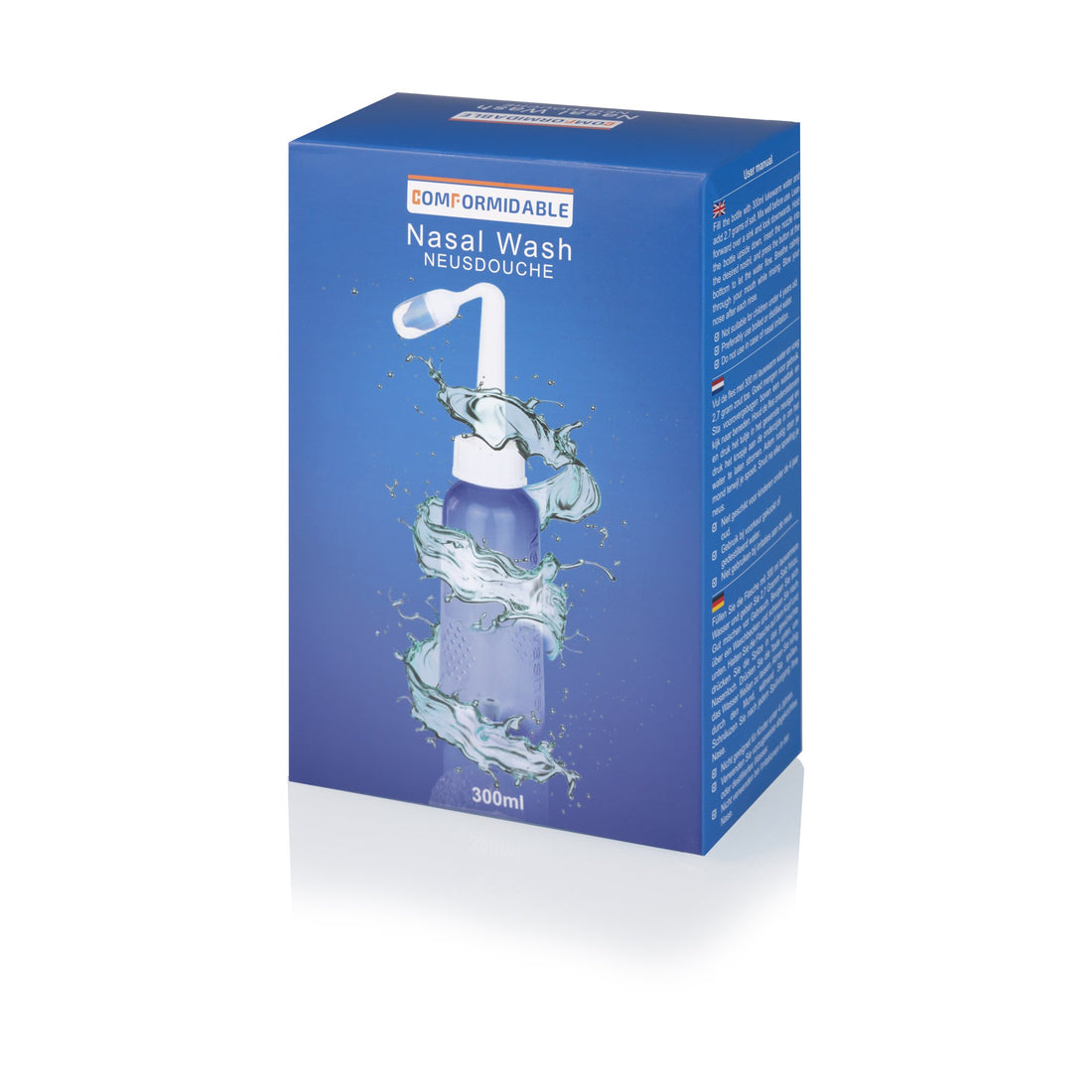 Blauwe productverpakking van de Nasal Wash neusdouche met een waterige illustratie rondom de fles en duidelijke branding aan de bovenkant.