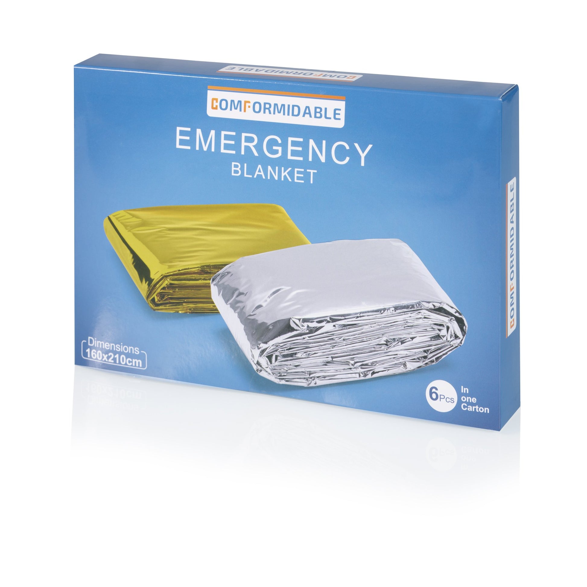 Schuine weergave van een productdoos met twee nooddekens, een gouden en een zilveren, formaat 160x210 cm, inhoud 6 stuks.