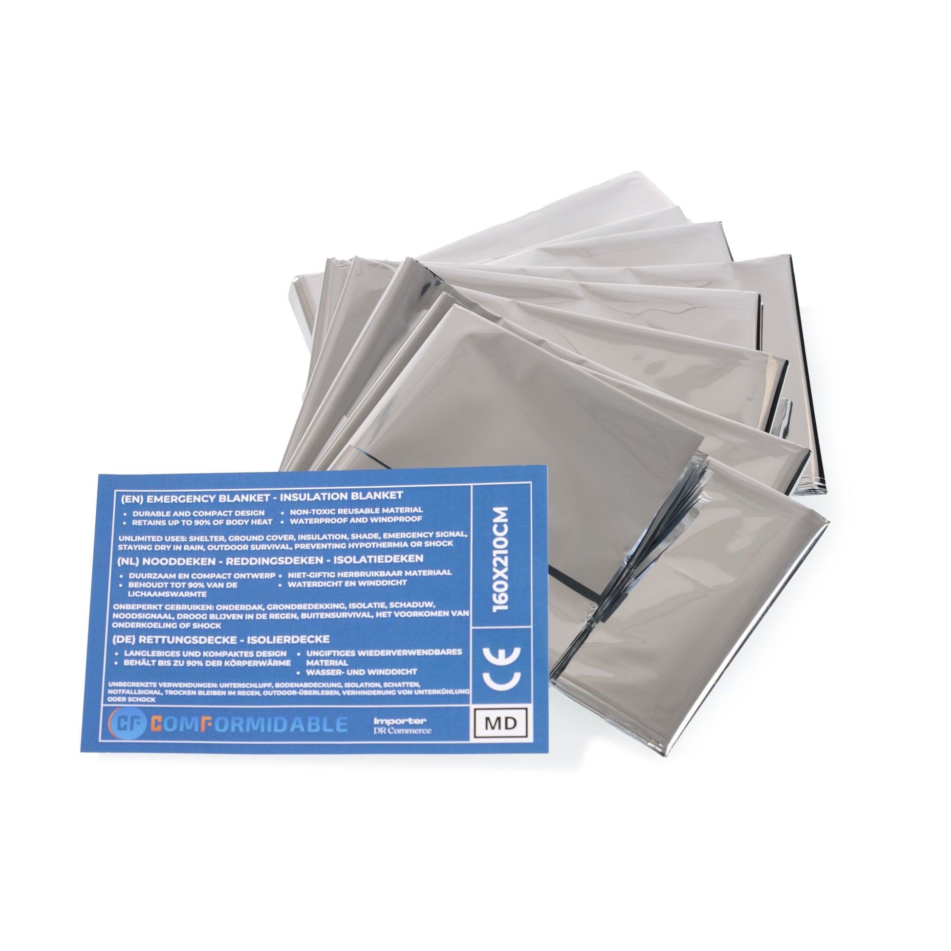 Meerdere opgevouwen zilverkleurige nooddekens met informatiekaart in drie talen over gebruik en afmetingen.