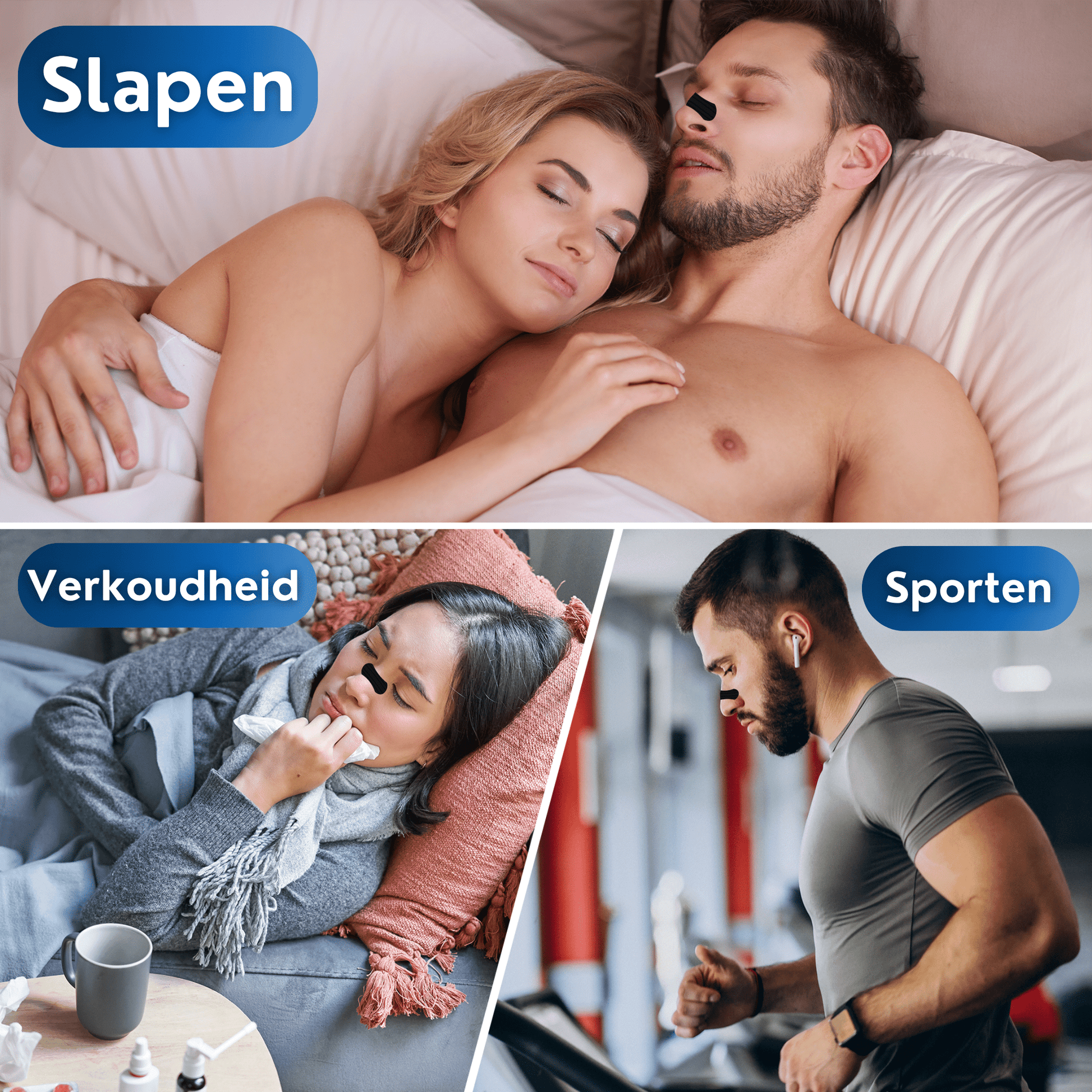 een afbeelding met daarop een man en vrouw die lekker slapen door een neusstrip te dragen, iemand die verkouden is en die een neusstrip draagt en een sporter die een neusstrip draagt.