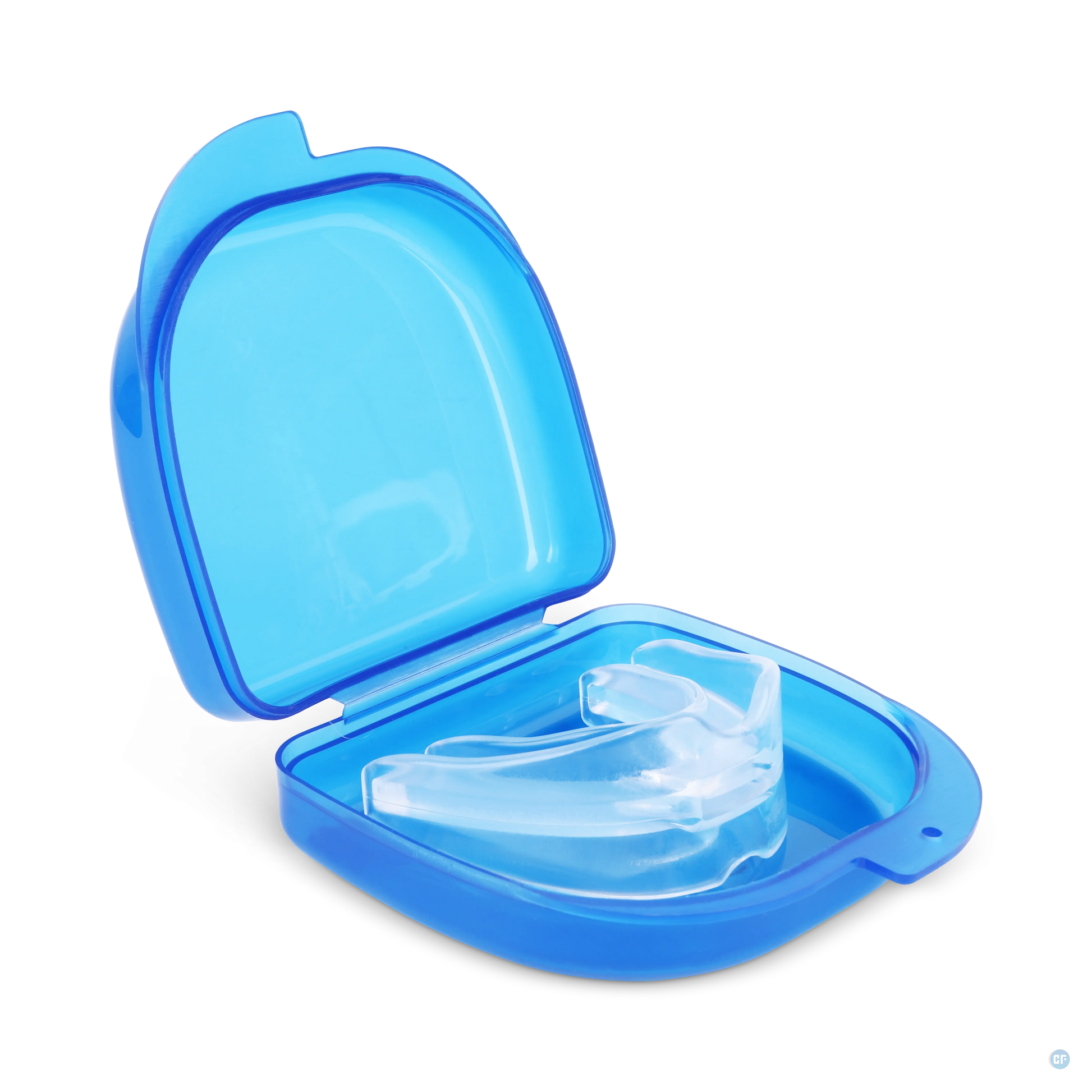 Open blauwe opbergdoos van de Comformidable anti-snurkbeugel, met een transparante beugel veilig opgeborgen in het daarvoor bestemde compartiment.
