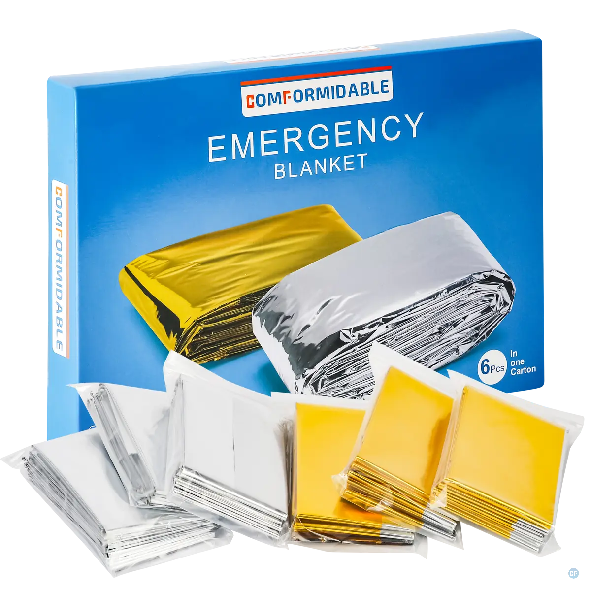 Verpakking van Comformidable reddingsdekens met daarop een afbeelding van goud- en zilverkleurige nooddekens. Onder de verpakking zijn zes individueel verpakte nooddekens zichtbaar, geschikt voor noodsituaties en buitenactiviteiten.