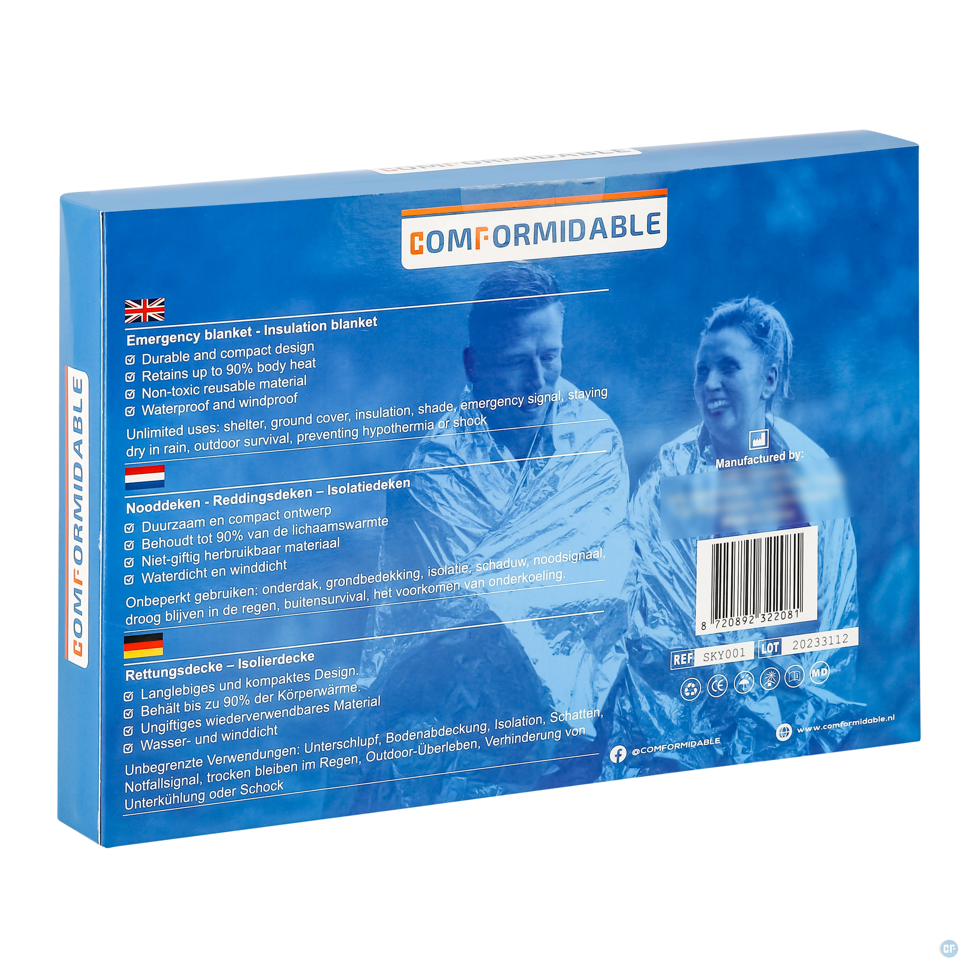 Achterzijde van de verpakking van de Comformidable Reddingsdekens met productbeschrijvingen in het Engels, Nederlands en Duits. De tekst beschrijft de isolatiedeken als duurzaam, waterdicht en compact, en benadrukt toepassingen zoals bescherming tegen onderkoeling, schaduw en noodsignalen. Een afbeelding toont twee personen die de nooddekens dragen. Ook aanwezig: een streepjescode, productreferentie en logo's.