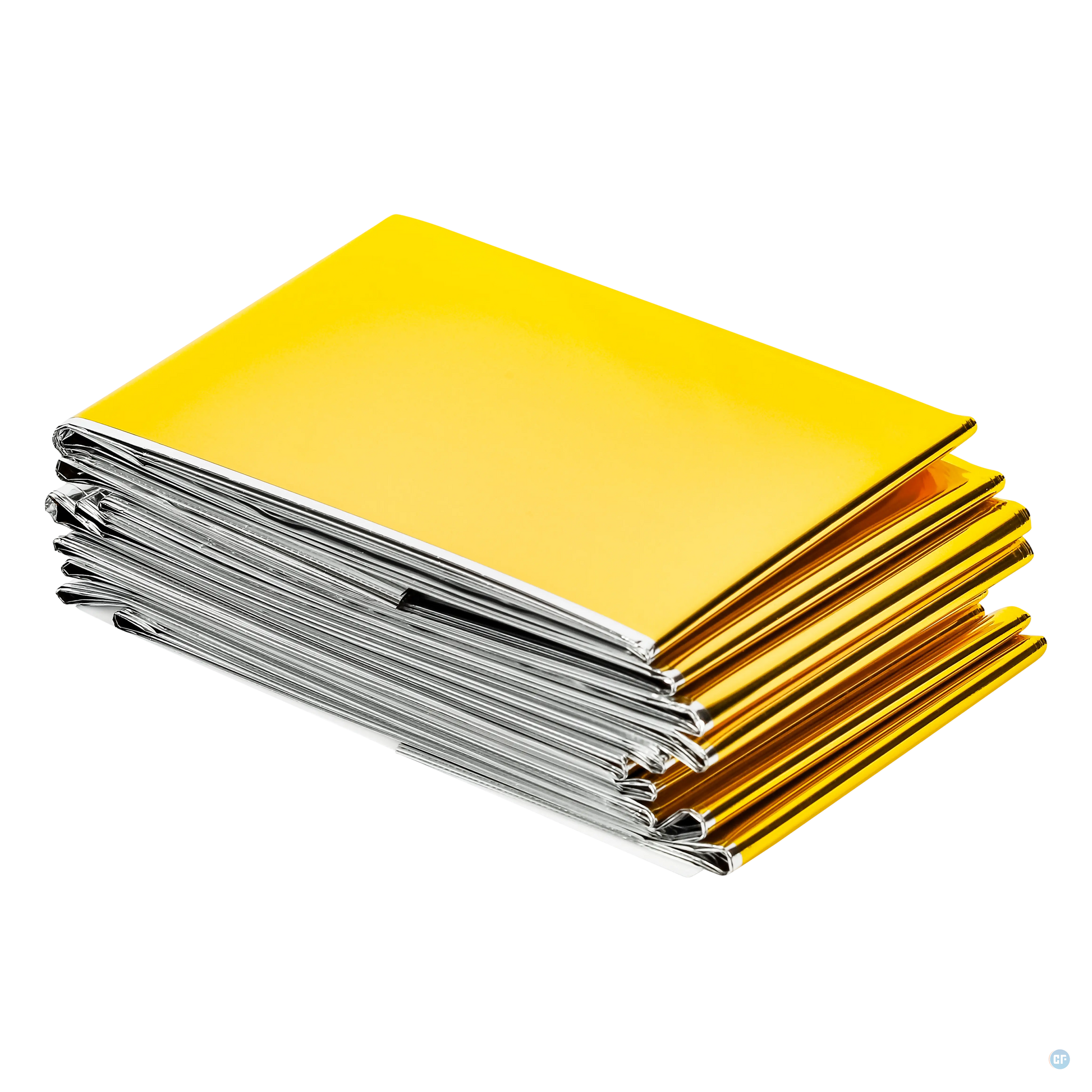 Een stapel opgevouwen Comformidable nooddekens, met afwisselend goud- en zilverkleurige zijden, geschikt voor noodsituaties en buitengebruik.