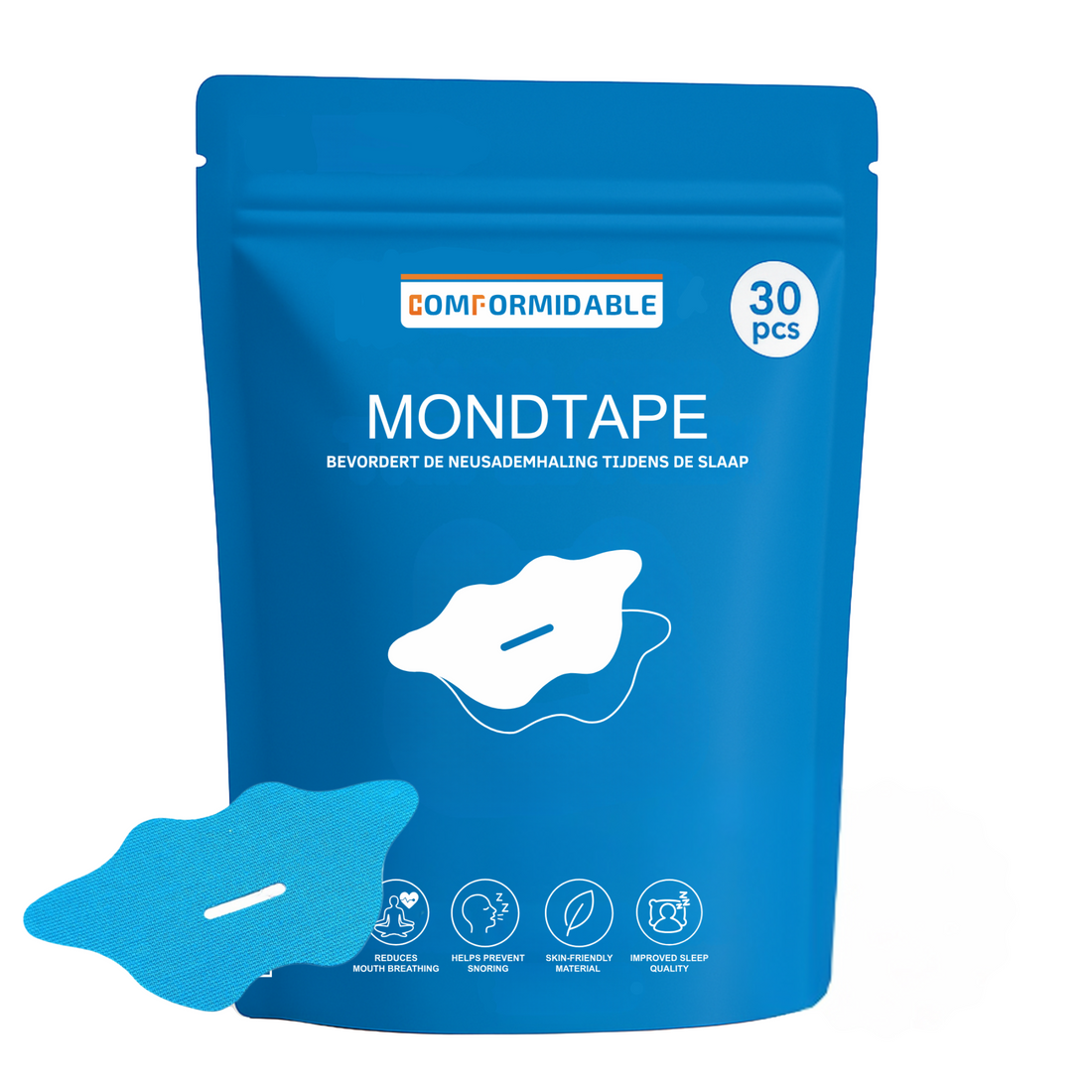 hoofdafbeelding van de comformidable mondtape. Je ziet een blauw zakje met daarop de tekst: 'mondtape, bevordert de neusademhaling tijdens de slaap.