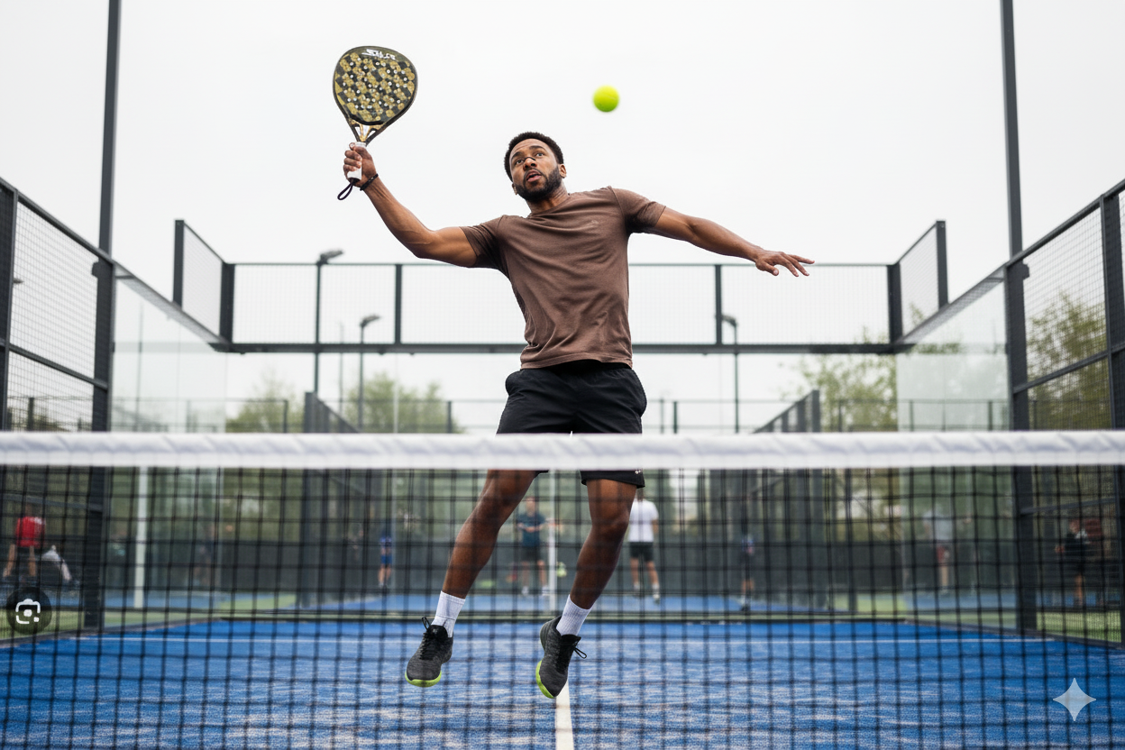 Padeller met een magnetische neusstrips van het merk Comformidable. Hij smashed te padelbal over het net door een sprong te maken