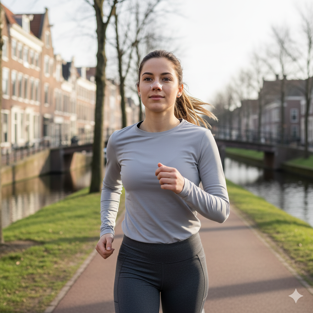 Vrouw die hardloopt op een fietspad met op haar neus een transparante neusstrip van Comformidable. Ze heeft een grijs sportshirt an een een donkere trainingsbroek