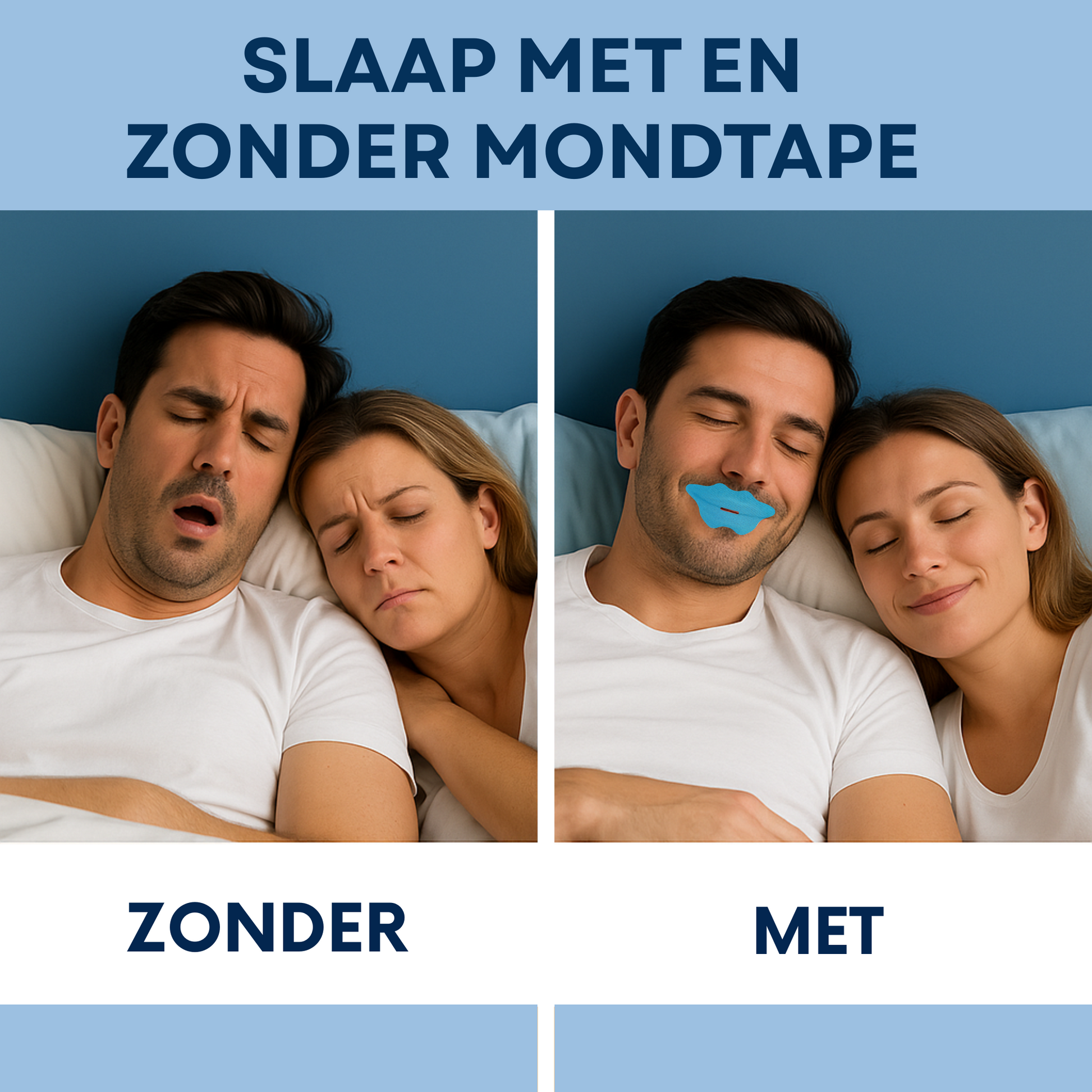 een afbeelding met een foto van een koppel die geen mondtape draagt (zien er moe uit) en een koppel die wel mondtape draagt (zien er tevreden en uitgerust uit).