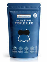 Vooraanzicht van de donkerblauwe Comformidable Nasal Strips Triple Flex verpakking, 30 stuks, 60x23 mm.
