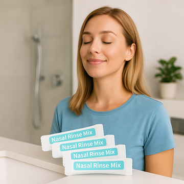 een afbeelding van een vrouw met haar ogen dicht. Ze lijkt tevreden zijn. Op de voorgrond zie je zakjes nasaal spoelzout met de tekst: "nasal rinse mix".