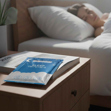 Comformidable slaappleisters te zien op een nachtkastje naast een slapende vrouw