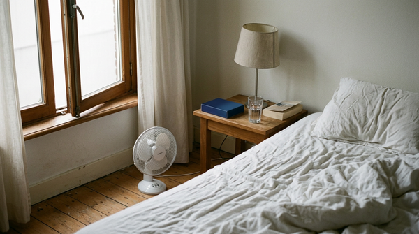 Slaapkamer met open raam en ventilator, beter slapen bij warm weer