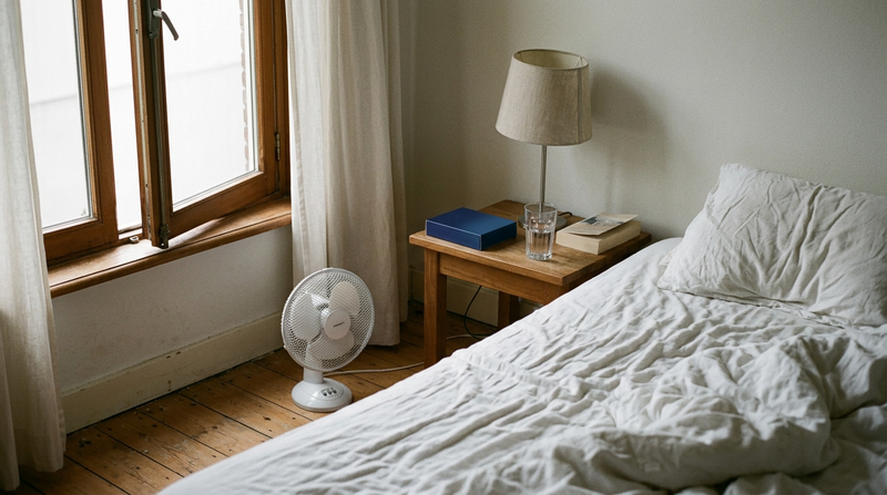 Slaapkamer met open raam en ventilator, beter slapen bij warm weer