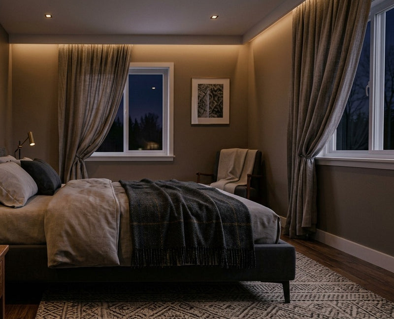Rustige slaapkamer in de avond, sfeerbeeld bij het kiezen van de beste slaappleisters