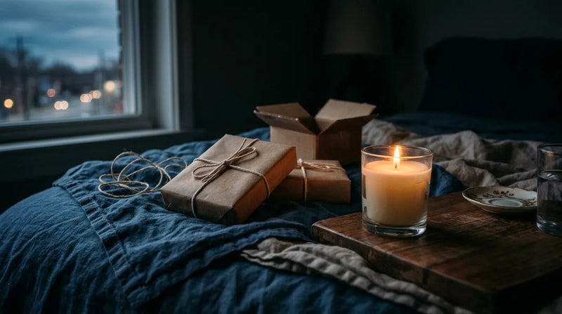 Wellness cadeau voor thuis: ingepakte cadeautjes en een brandende kaars op een bed in de avond