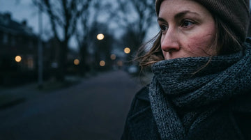 Vrouw met een droge huid in haar gezicht en een sjaal tegen de kou op een winterse straat
