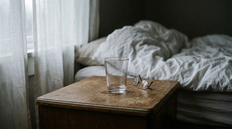 Droge mond in de nacht: bijna leeg glas water en leesbril op een nachtkastje naast een onopgemaakt bed