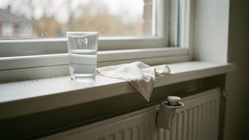 Droge neus door droge lucht: glas water en zakdoek op een vensterbank boven een radiator met waterverdamper