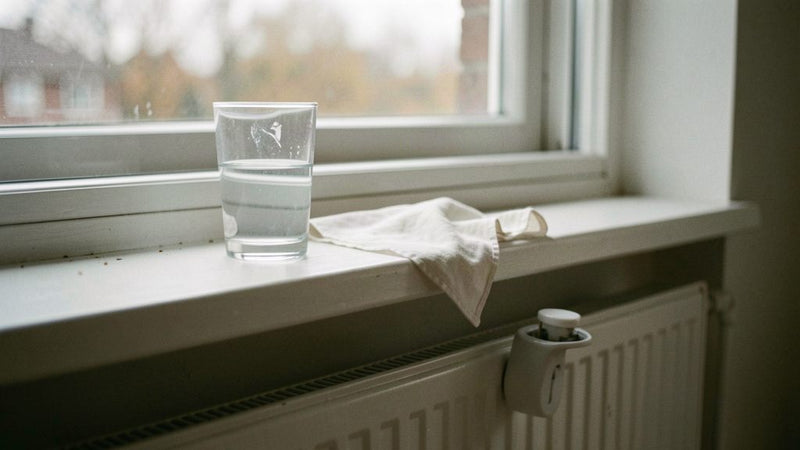 Droge neus door droge lucht: glas water en zakdoek op een vensterbank boven een radiator met waterverdamper