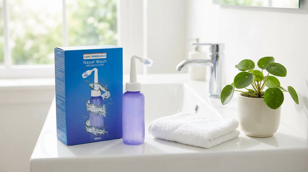 Comformidable neusdouche met verpakking op de rand van een wastafel in een lichte badkamer