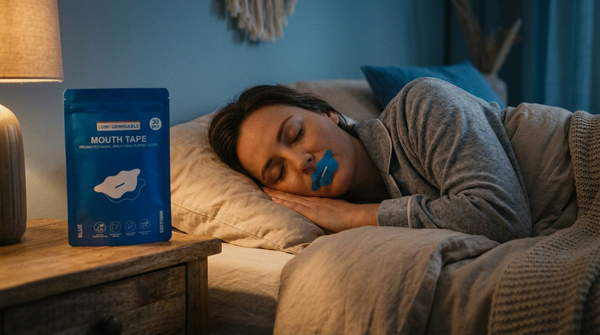 Vrouw slaapt rustig op haar zij met Comformidable mondtape op, verpakking op het nachtkastje