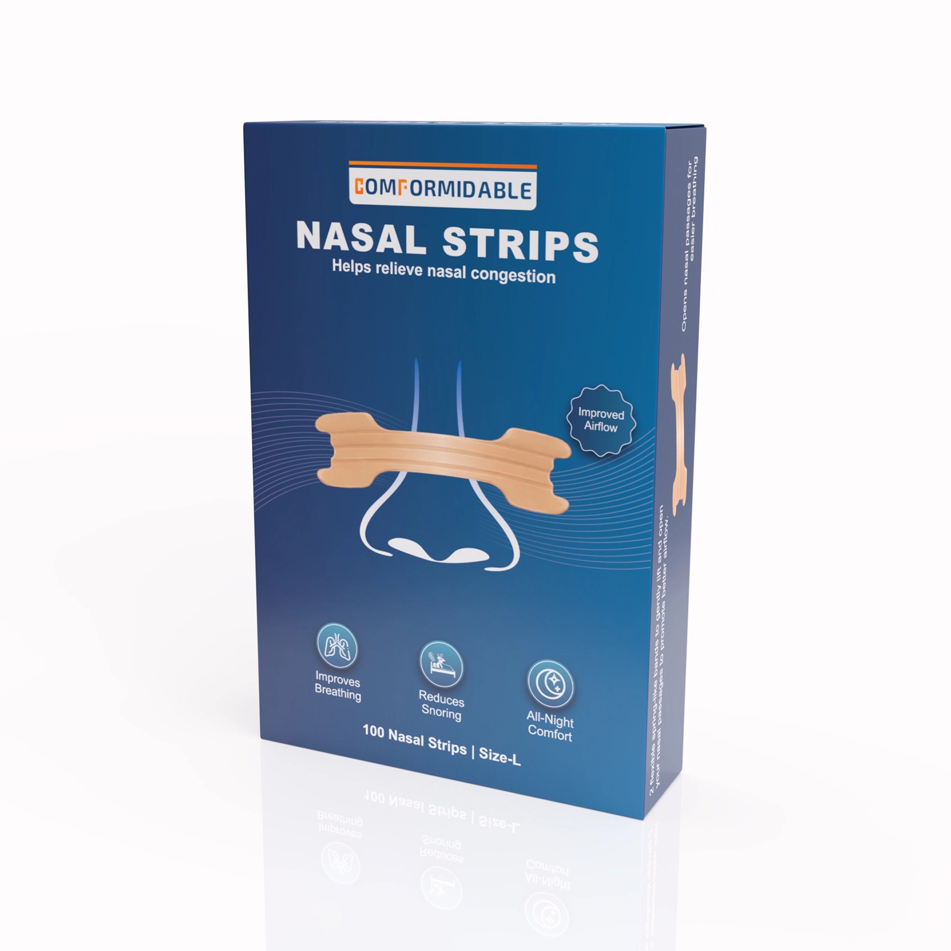 Zijkant van de Comformidable nasal strips verpakking met 100 strips