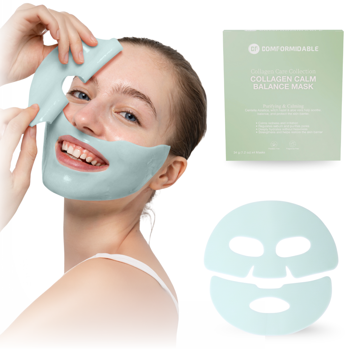 Vrouw gebruikt het Comformidable Collagen Calm Balance Mask, een groen collageen gezichtsmasker met bijbehorende verpakking en maskerillustratie