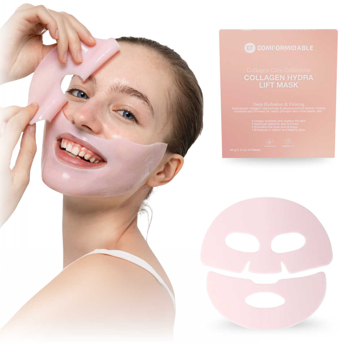 Vrouw brengt een collageen gezichtsmasker aan terwijl ze de verpakking vasthoudt