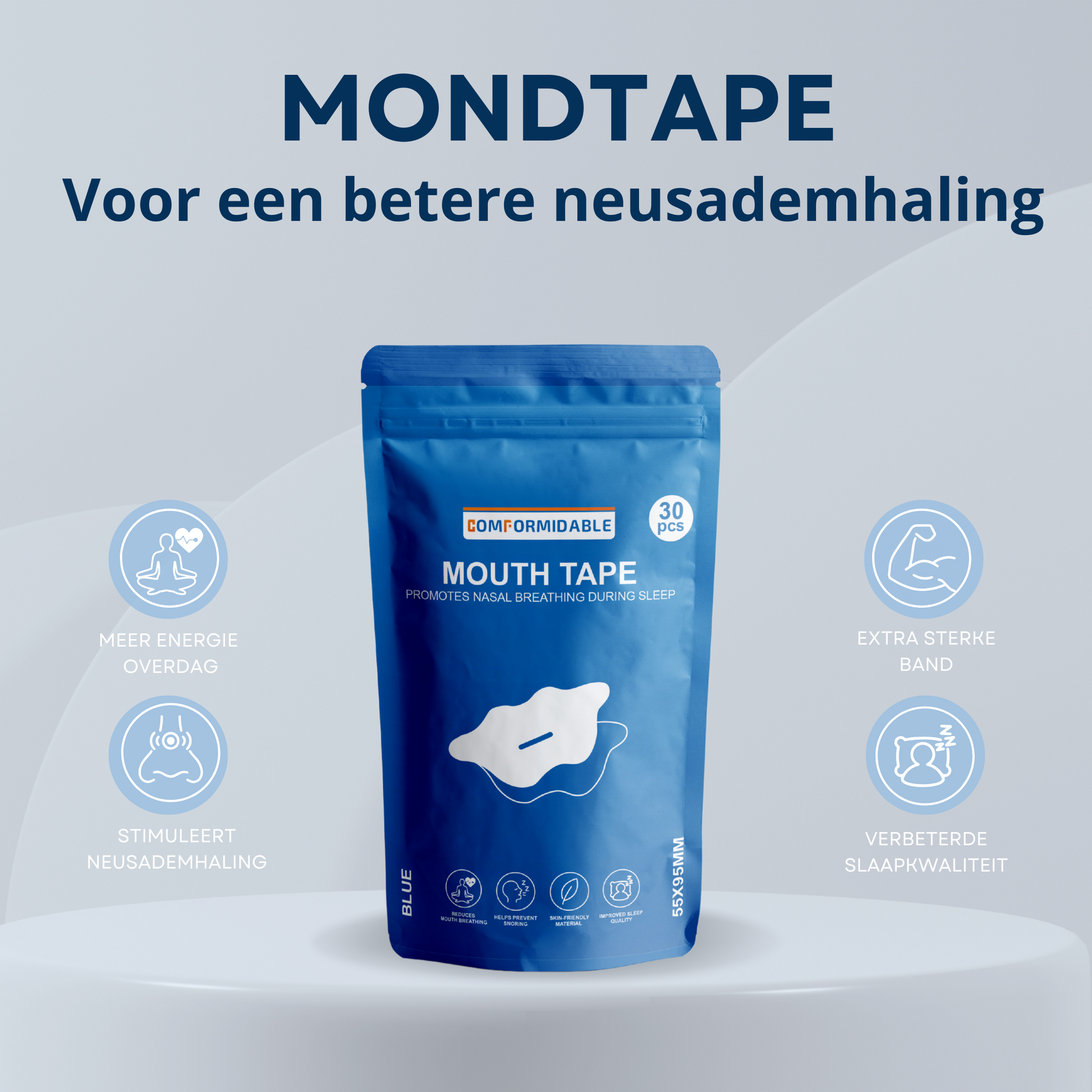 inforgraphic van een blauw zakje met comformidable mondtape en daarbij de tekst: "Mondtape voor een betere neusademhaling". 