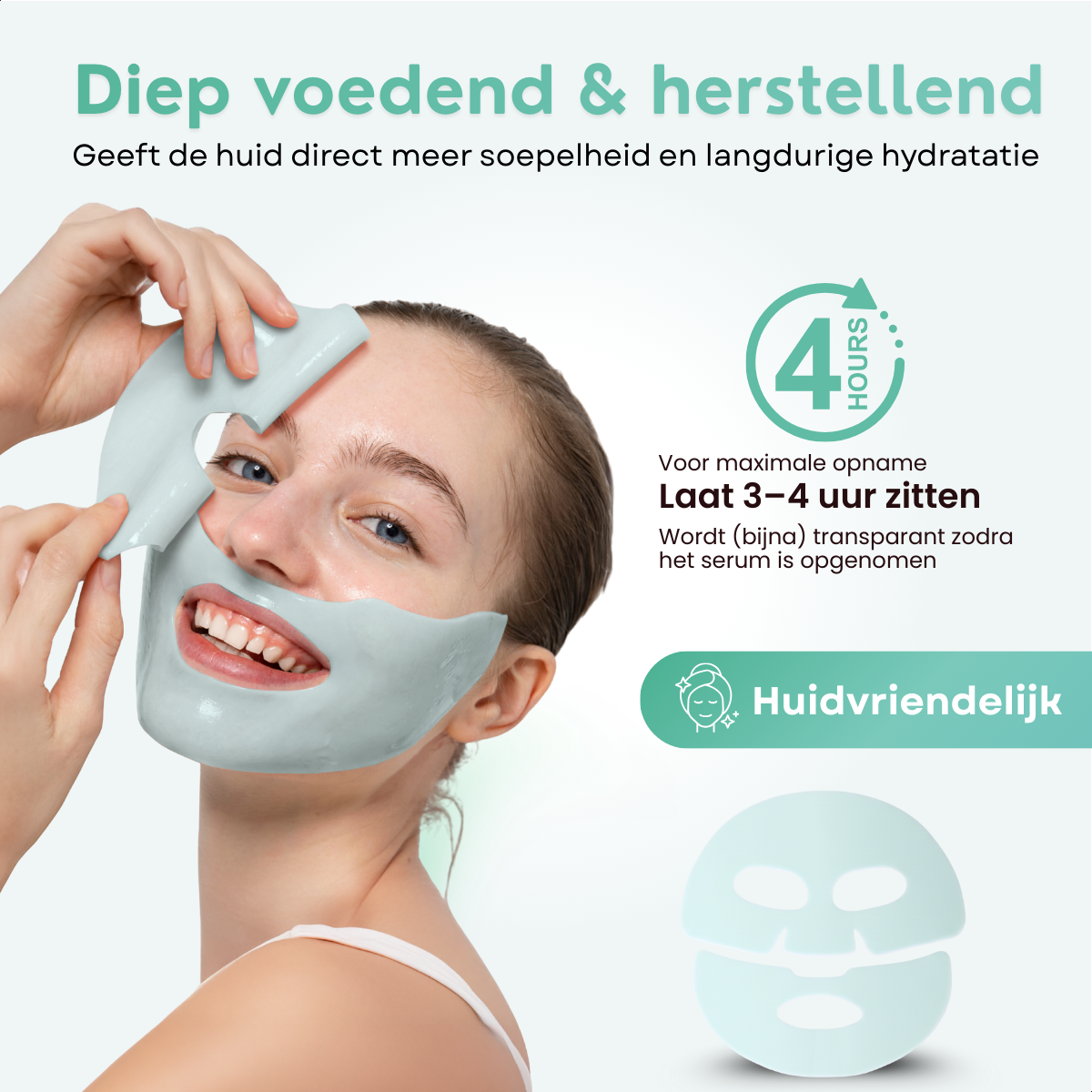 Model met half aangebracht collagen masker en uitleg dat het masker 3 tot 4 uur gedragen wordt voor maximale opname.