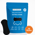 afbeelding van een blauw zakje comformidable neusstrips 'extra sterk' met daarbij een neusstrip en een button met '30stuks' erop.