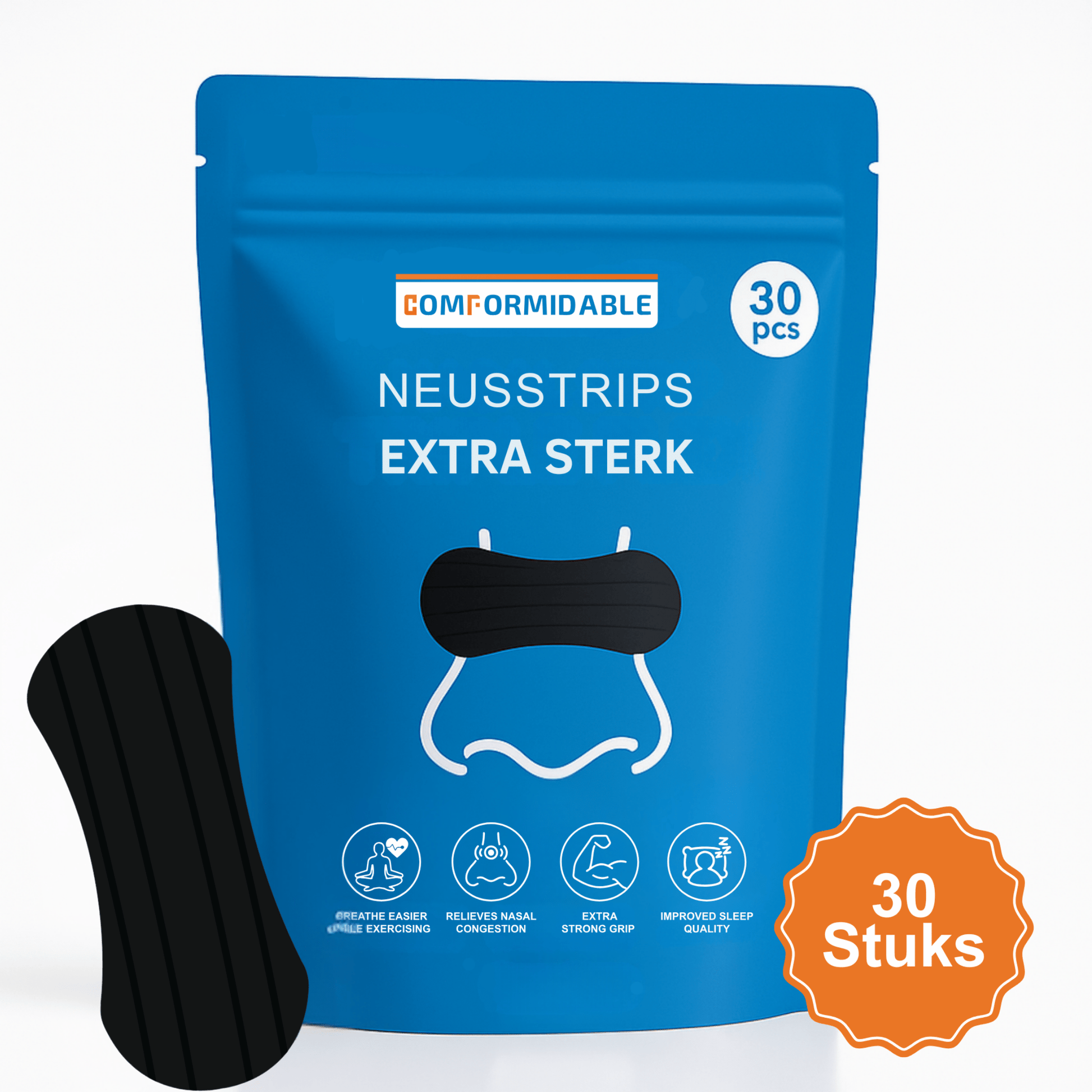 afbeelding van een blauw zakje comformidable neusstrips 'extra sterk' met daarbij een neusstrip en een button met '30stuks' erop.
