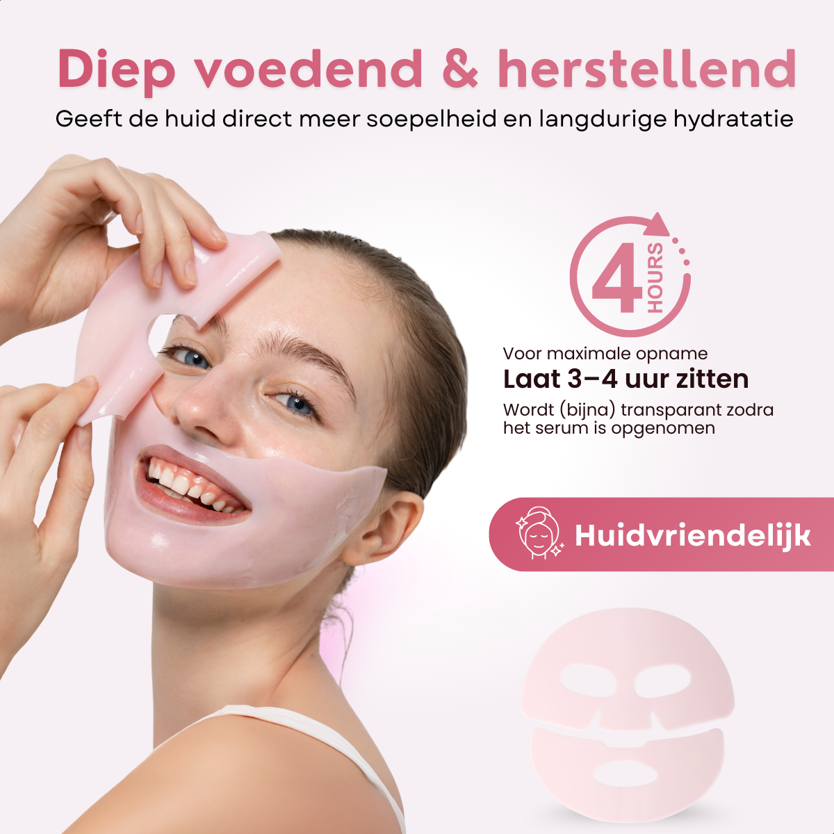 Vrouw met collageen gezichtsmasker dat de huid voedt en hydrateert tijdens gebruik
