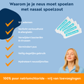 een infographic met de tekst: 'Waarom je je neus moet spoelen met nasaal spoelzout
- vrij ademen
- verlicht verkoudheid & allergieën
- verwijdert bacteriën & virussen
- Vermindert pus
- Veilig dagelijks gebruik
- Hydrateert neusslijmvlies

100% puur natriumchloride - vrij van toevoegingen